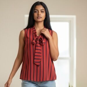 Striped Sleeveless Top - Orange and Navy Blue Size Medium